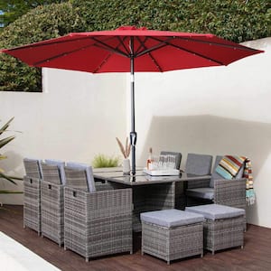 9 ft. Octagon Aluminum Patio Market Umbrella with LED Lights and Push Button Tilt in Red