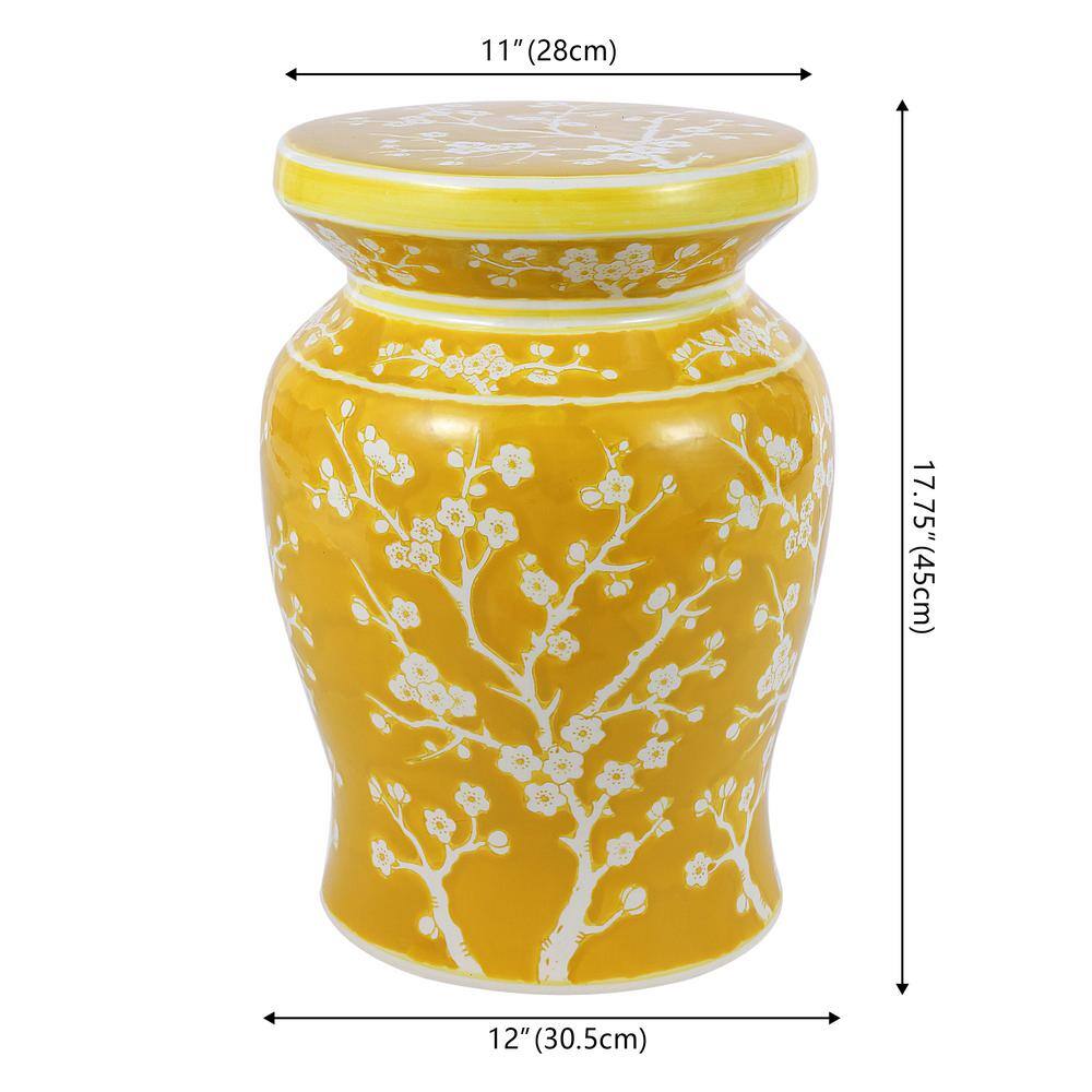 Yellow Ceramic Cherry Blossom Garden Stool 17.75"