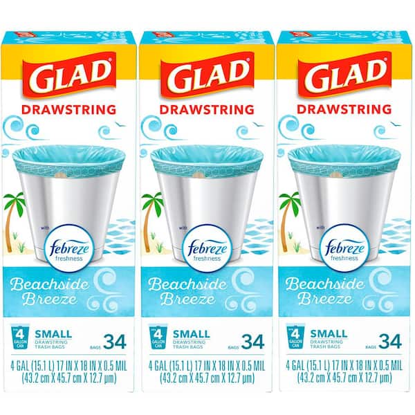 Glad 4 Gal. OdorShield Febreze Beachside Breeze Small Drawstring Trash Bags  (34-Count, 3-Pack) C-309619182-3 - The Home Depot