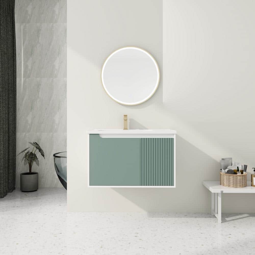 Mint Green Plywood Floating Single Sink Vanity with White Ceramic Top