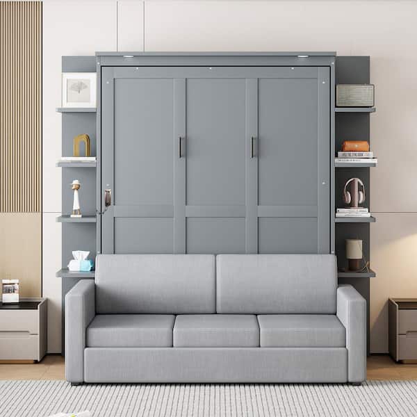 Gray Wood Frame Queen Murphy Bed Wall Bed with Sofa and Storage Shelves