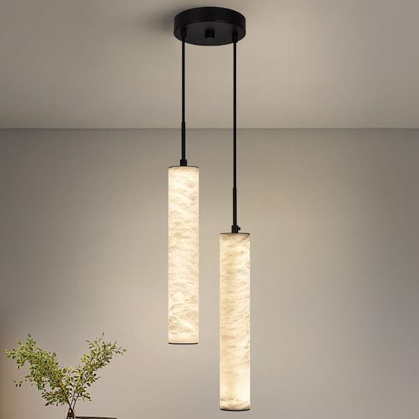 Home Light 20-Watt 2 Lights Black Dimmable Integrated LED Pendant Light With Alabaster Shade, 1Pack