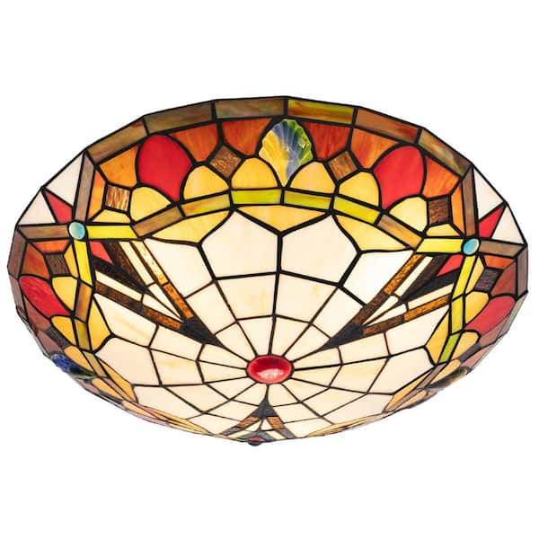 OUKANING 15.7 in. 3-Light Multicolored Mosaic Tiffany Flush Mount Ceiling Light with Stained Glass Shade and No Bulbs Included