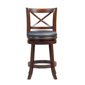 Gia 37.5 in. Brown Full Back Solid Wood Swivel Counter Stool With Rich Faux Leather Seat