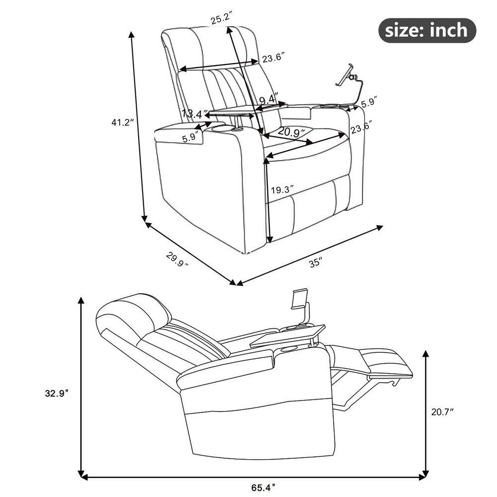 Dimension diagram showing measurements of the recliner.