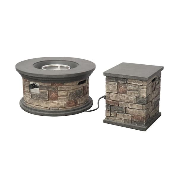 Noble House Chesney 16.25 in. x 19.75 in. Round Concrete Propane Outdoor Patio Fire Pit in Mixed Brown with Tank Holder