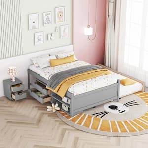 Versatile Gray Wood Frame Full Size Platform Bed with Twin Size Trundle, Under-bed Storage Box, Nightstand, 2-Drawer