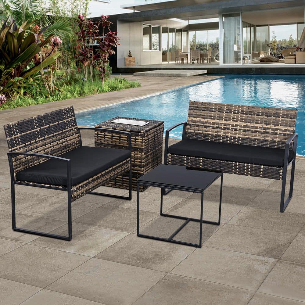 Yellow 4-Piece Wicker Patio Conversation Set Outdoor Sofa Sectional Set with Black Cushions and Ice Bucket Storage Table price history on PriceWatchPro