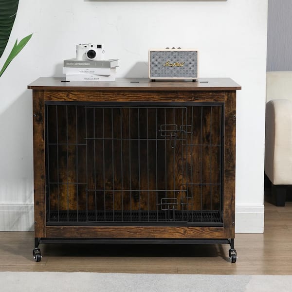 Miscool Any 32.6 in. W Dog Crate Furniture with Cushion, Wooden Dog Crate Table, Double-Doors for Small Pet in Brown