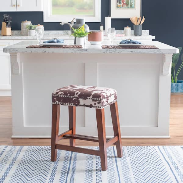 Benjamin 24 in. Brown Backless Wood Bar Stool with Cow Printed Polyester Seat