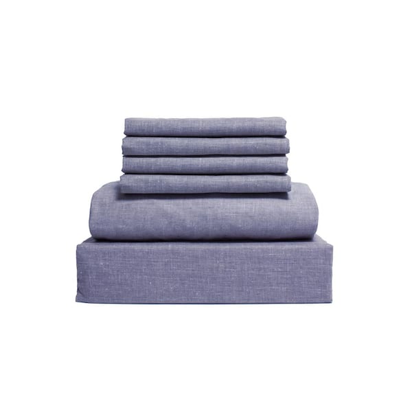 Lintex Loft Living Collection 6-Piece Denim Blue Solid 144 Thread Count Cotton Queen Sheet Set