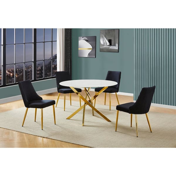 Best Quality Furniture Ruth 5-Piece White Marble Wrap Glass Top Gold Chrome Plated Base Dining Set with 4 Black Velvet Fabric Chairs