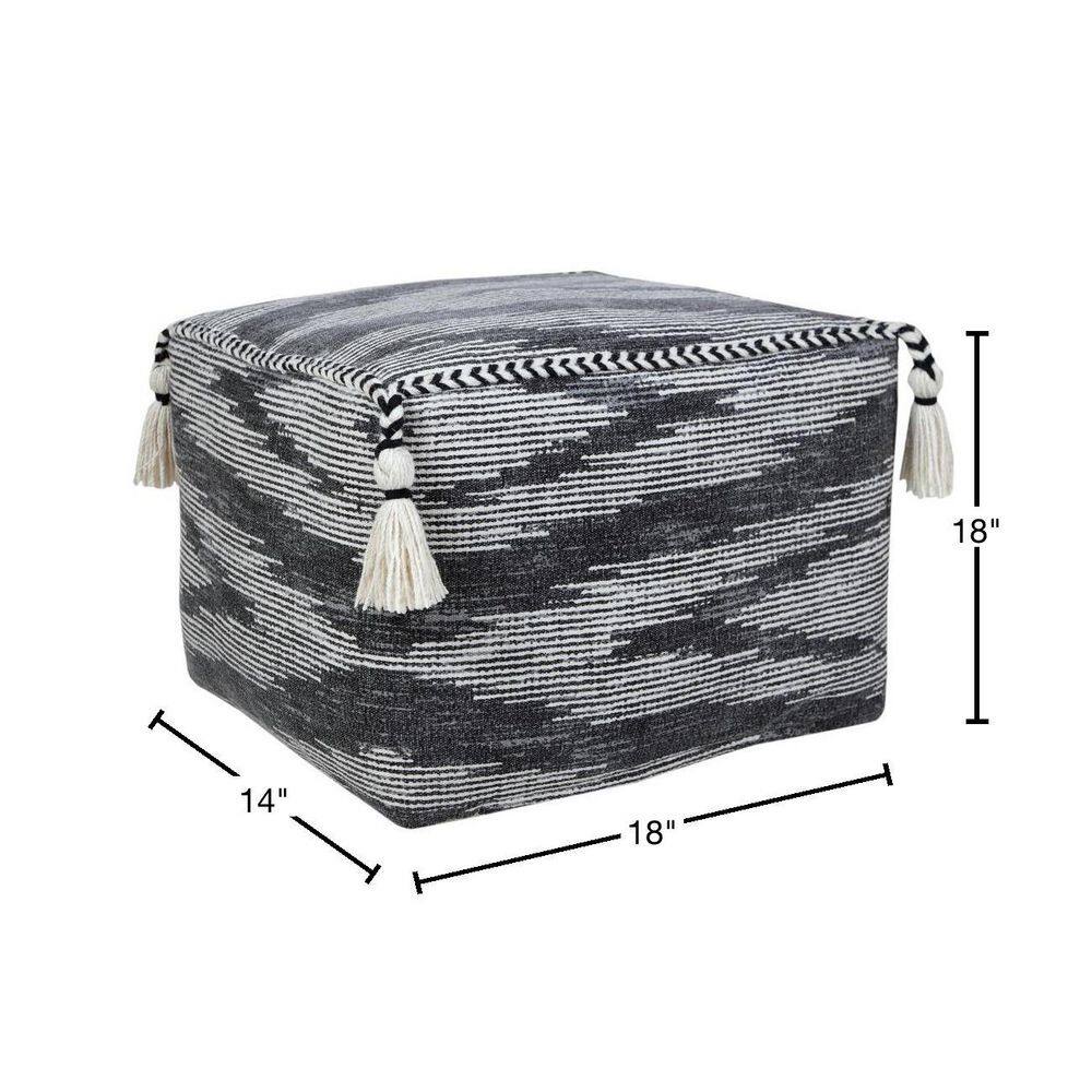 Gray and Ivory Cotton Geometric Pouf with Tassels