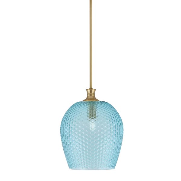 Unbranded Tyler 60-Watt 1-Light New Age Brass Stem Mini Pendant Light with Turquoise Textured Glass Shade