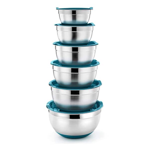 6 Pack Stainless Steel Nesting Mixing Bowls with Fitting Lids and Non-Slip Silicone Bottom, Blue