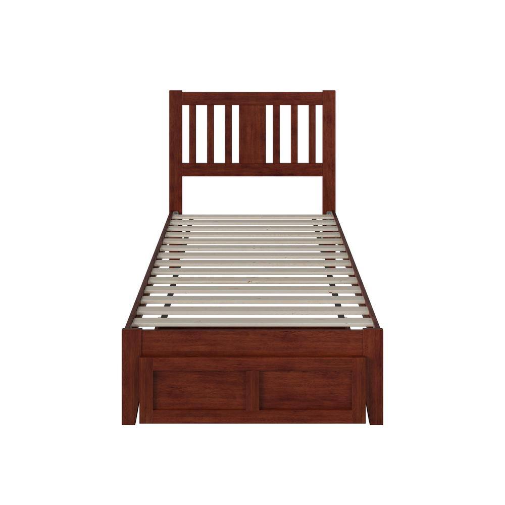 Walnut Twin Wood Frame Bed with Storage Drawer and USB Charger