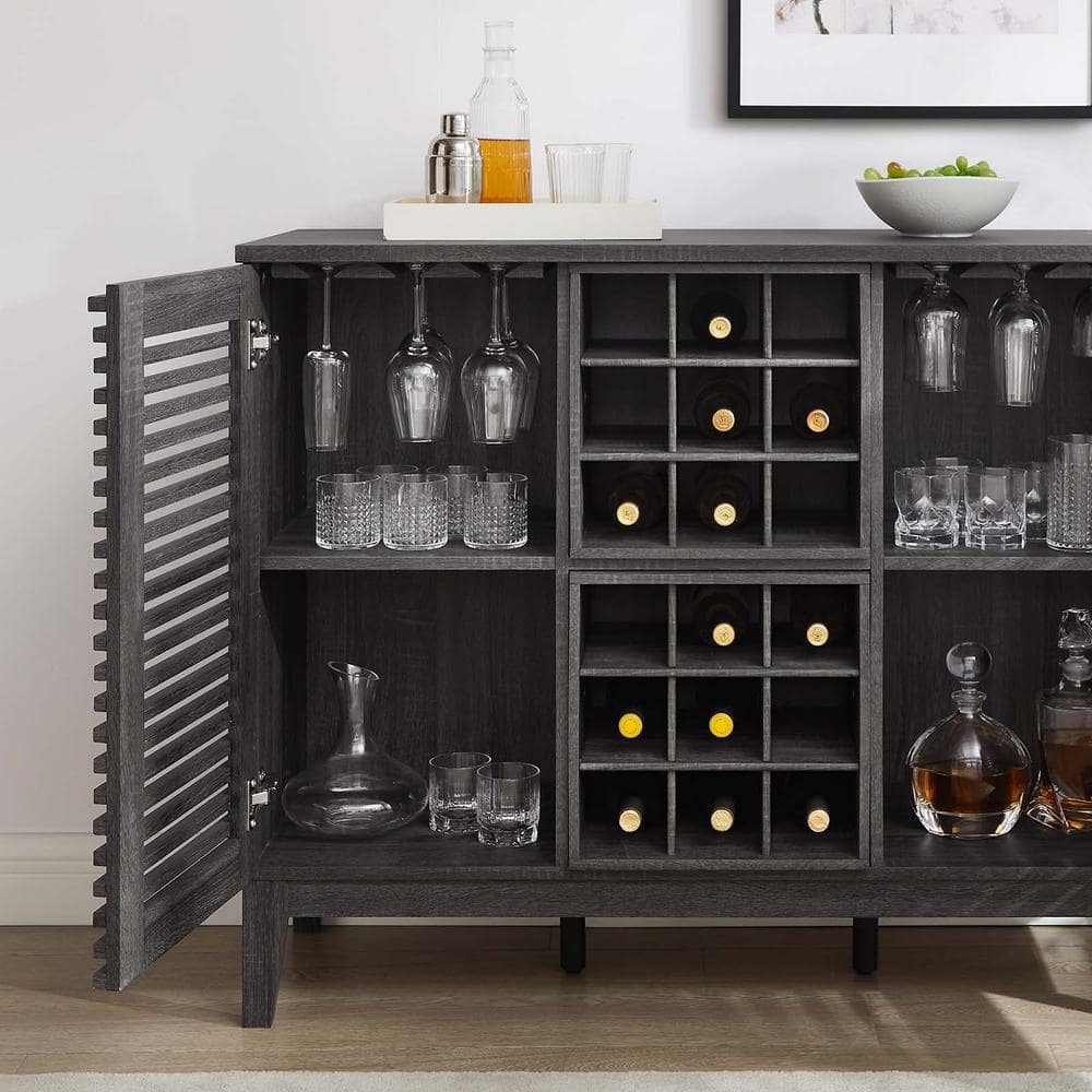 Charcoal Mid-Century Modern Wine Bar Cabinet with Walnut Grain