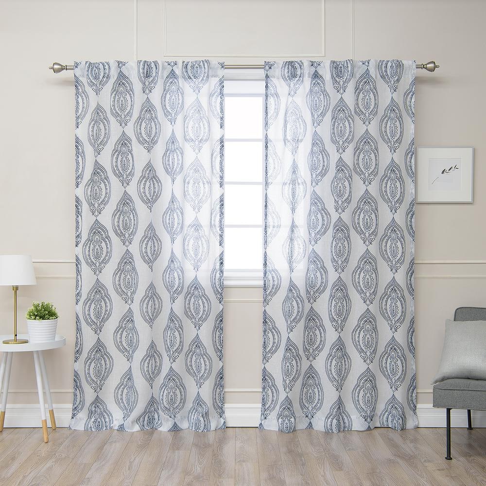 Best Home Fashion Navy Medallion Faux Linen Back Tab Sheer Curtain