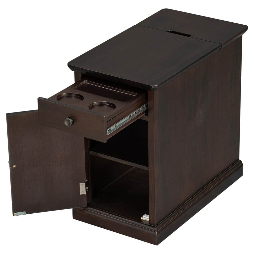 14 in. Antique Brown Rectangle Solid Wood End Table Side Table with USB Ports, Drawer, Cup Holders, No Assembly Need - thumbnail 6
