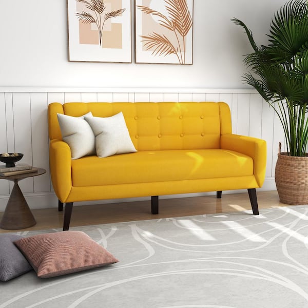 Uixe 62.99 in. W Modern Yellow Straight Arm Linen Upholstered Button 2-Seater Loveseat with 2-Pillows