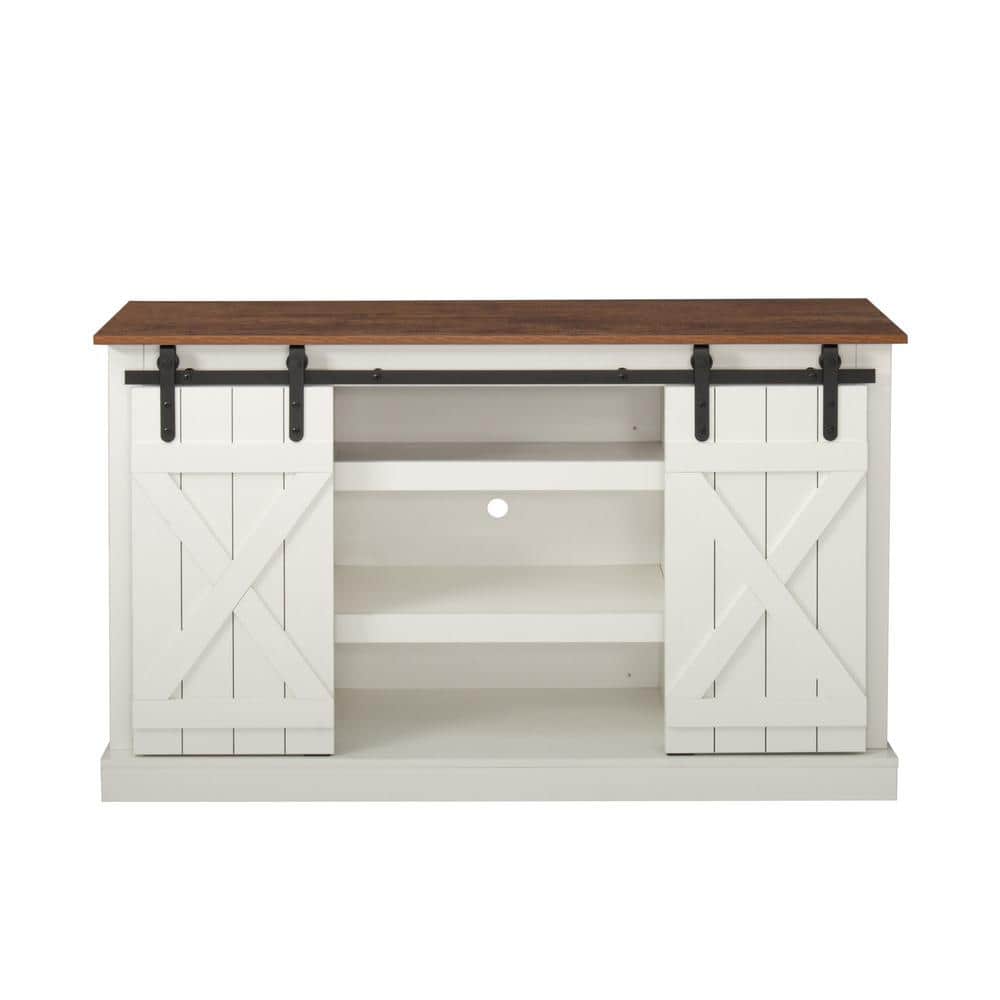 54 in. White Farmhouse Sliding Barn Door Ranch Rustic Style TV Stand Up to 