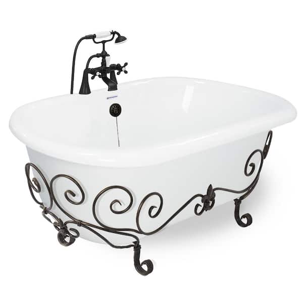 American Bath Factory 60 in. AcraStone Acrylic Double Clawfoot Non-Whirlpool Bathtub in White with Nuevo Base and Faucet in Old World Bronze