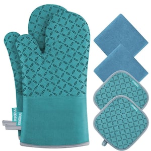 6-pieceOven Mitts and Pot Holders with High Heat Resistant 500° and Non-Slip Silicon Surface for Cooking in Lake Blue