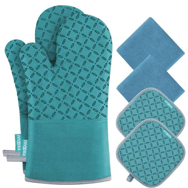 6-pieceOven Mitts and Pot Holders with High Heat Resistant 500° and Non-Slip Silicon Surface for Cooking in Lake Blue