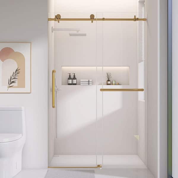 50 to 54 in. W x 75 in. H Frameless Single Sliding Shower Door in Gold Finish with 1/4 in. Clear Glass