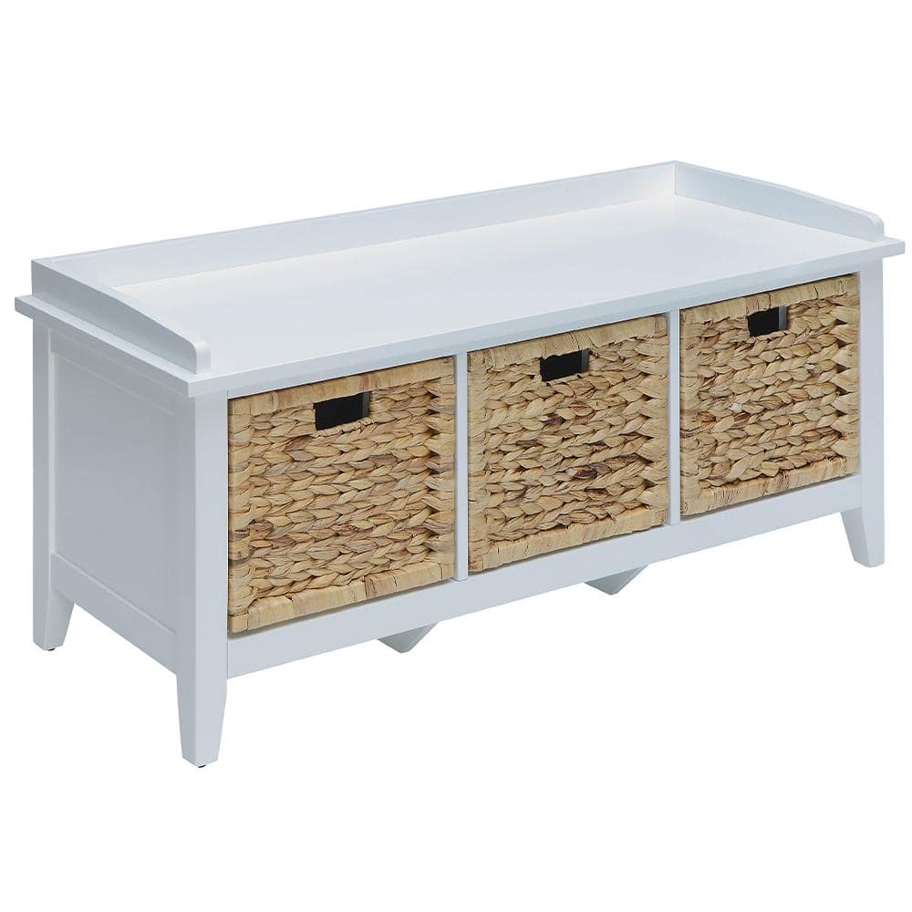 White Wood and Rattan Storage Bench with Drawers