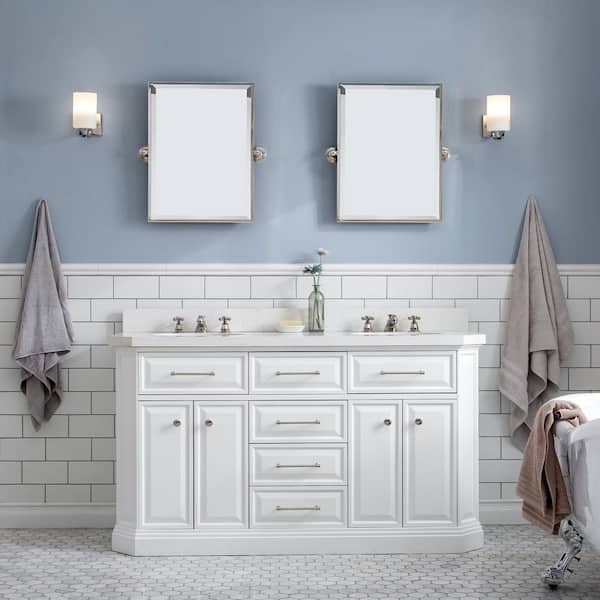 Palace 60 in. W x 22 in. D x 34 in. H Double Sink Bath Vanity in Pure White with Carrara White Quartz Top