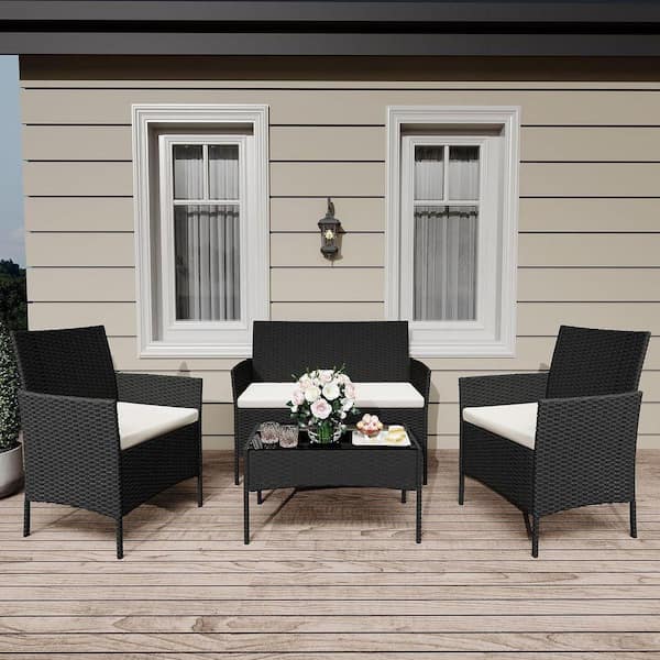 Modern 4-Piece PE Wicker Patio Conversation Set with CushionGuard Black Beige Cushions for Pool Deck Balcony