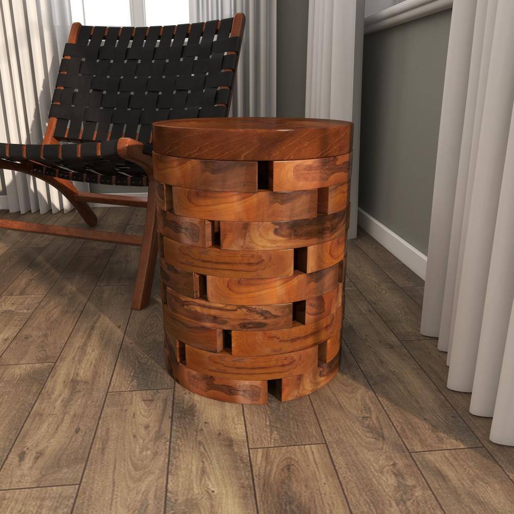 Light Brown Teak Wood Round Live Edge Accent Table 14" x 18"