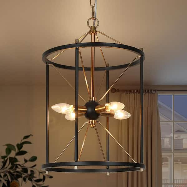 Zevni 12.5 in. 4-Light Black Kitchen Island Pendant Light, Brass-Plated Cage Chandelier Lighting, Modern Pendant Hanging Light