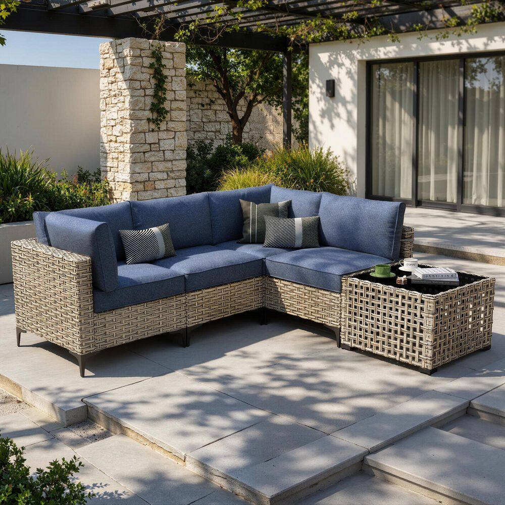 Melly Gray 5-Piece Wicker Patio Conversation Seating Set with Denim Blue Cushions and Solar LED Coffee Table