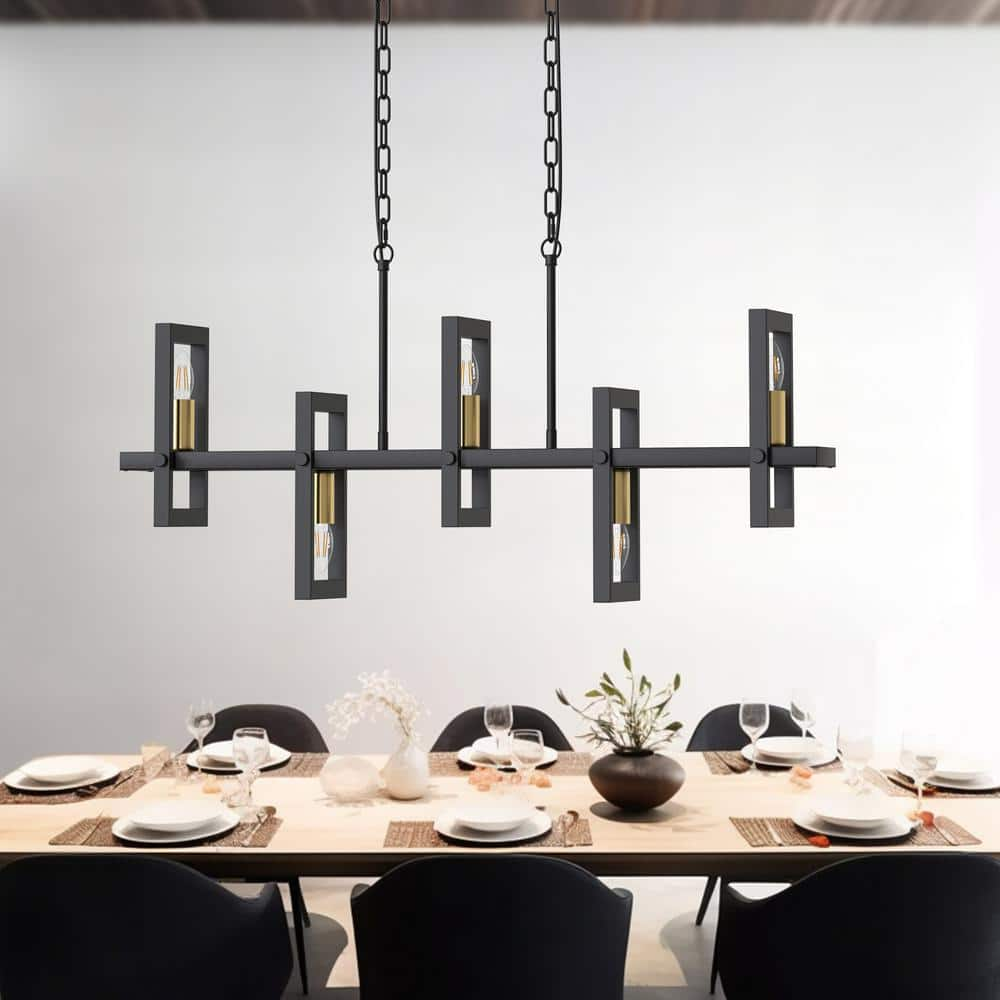 YANSUN 5-Light Black Linear Island Pendant Hanging Light Modern Farmhouse Chandelier Light for Kitchen Dining Room Restaurant