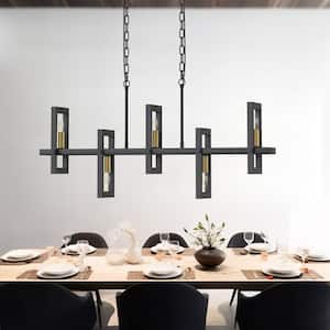 5-Light Black Linear Island Pendant Hanging Light Modern Farmhouse Chandelier Light for Kitchen Dining Room Restaurant