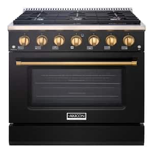 36in. 6 Burners Freestanding Gas Range in Black and Gold with Convection Fan Cast Iron Grates and Black Enamel Top
