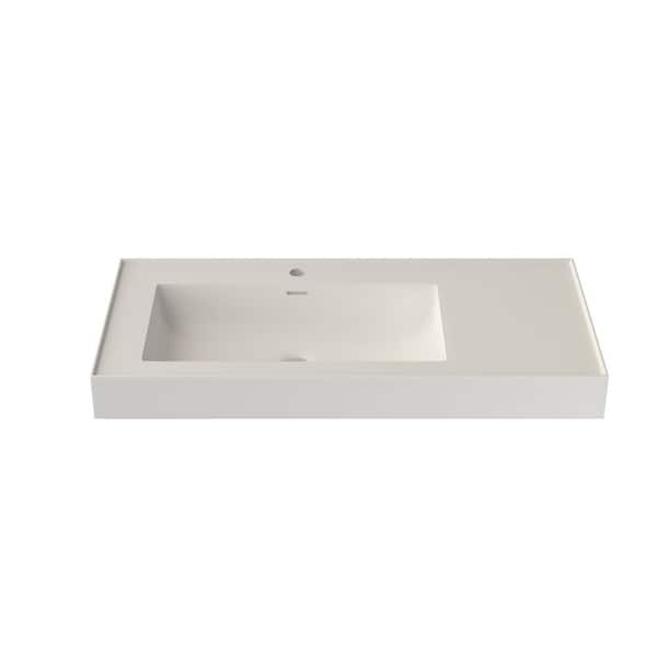 39 in. W x 19 in. D x 6 in. H Solid Surface Bathroom Wall-Mount Sink/Vessel Sink in White with Faucet Hole