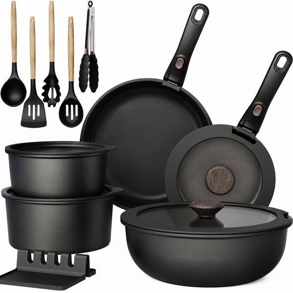 21 Piece Black Aluminum Nonstick Ceramic Cookware Set Detachable Handle Induction Safe Stackable Stock Pot