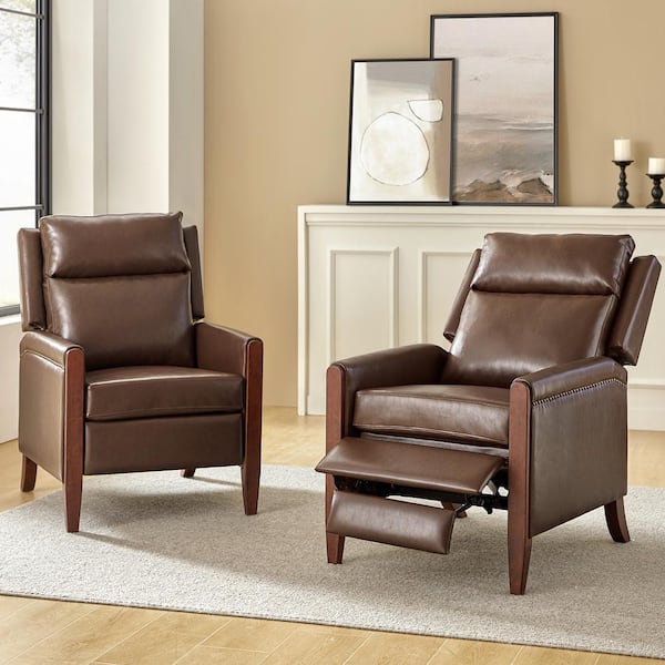JAYDEN CREATION Manuel Brown Leather Push Back Manual Recliner with Solid Wood Legs (Set of 2)