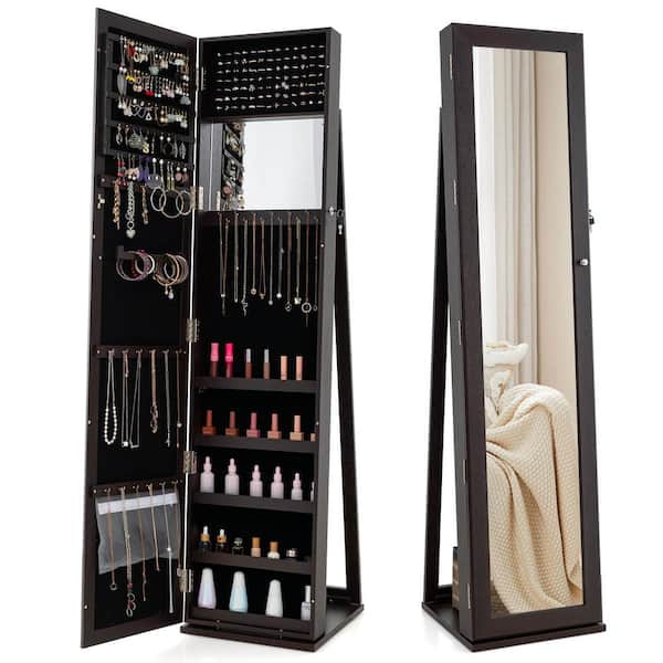 Costway Dark Brown Mirrored Jewelry Cabinet Armoire Lockable Standing Storage Organizer with Shelf