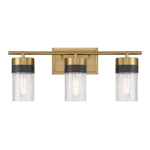 Brickell 22 in. 3-Light Warm Brass/Black Vanity Light with Crackled Glass Shades