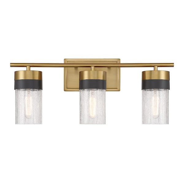 Brickell 22 in. 3-Light Warm Brass/Black Vanity Light with Crackled Glass Shades