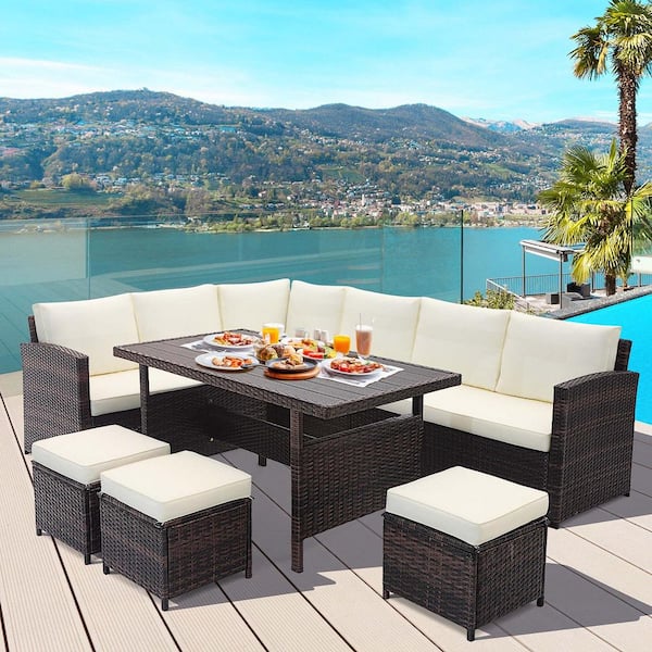 7-Piece Wicker Patio Conversation Set Rattan Sectional Sofa Coffee Table Porch with White Cushions