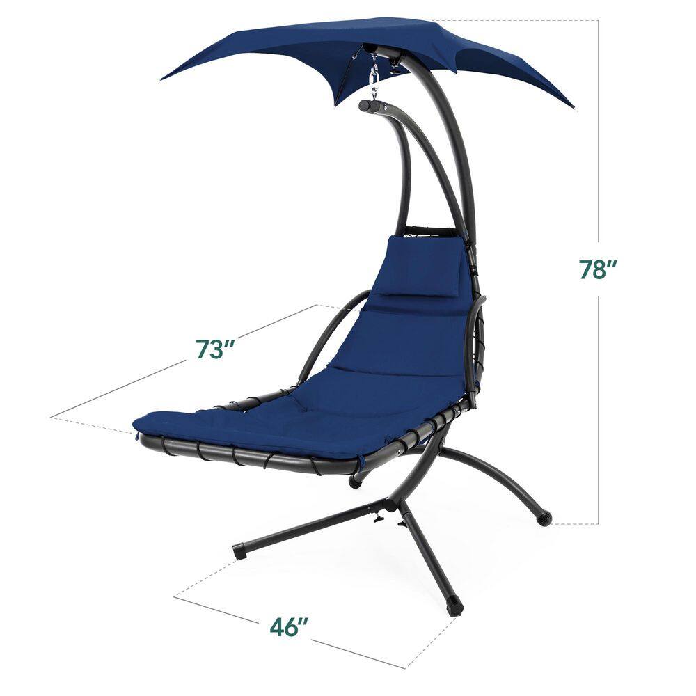 Navy Blue Hanging LED-Lit Curved Chaise Lounge Chair with Canopy