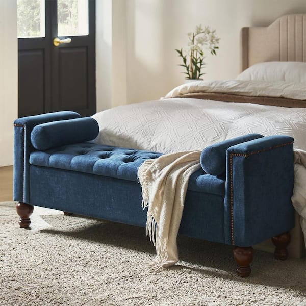 JAYDEN CREATION Rita Navy Storage Bench Backless with Circular Pillows 59.5 in.