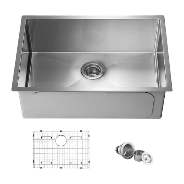 Kitchen Sink 28 in. Undermount Single Bowl 16-Gauge Satin Stainless Steel and Bottom Grids Strainer