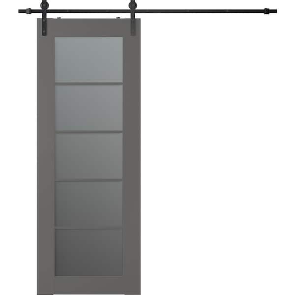 Belldinni Vona 5-Lite 32 in. x 80 in. 5-Lite Frosted Glass Gray Matte Wood Composite Sliding Barn Door with Hardware Kit