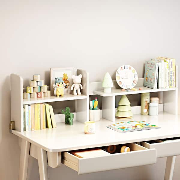 1-Piece White Kids Study Desk Rubber Wood with Bookshelf and 2-Drawers, Study/Writing Table for Bedroom Home Office